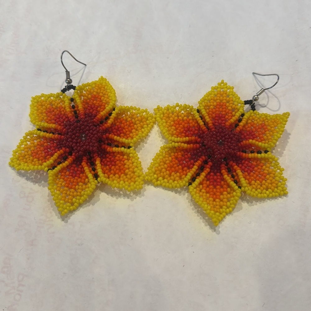 Floral Beaded Earrings in Red and Yellow